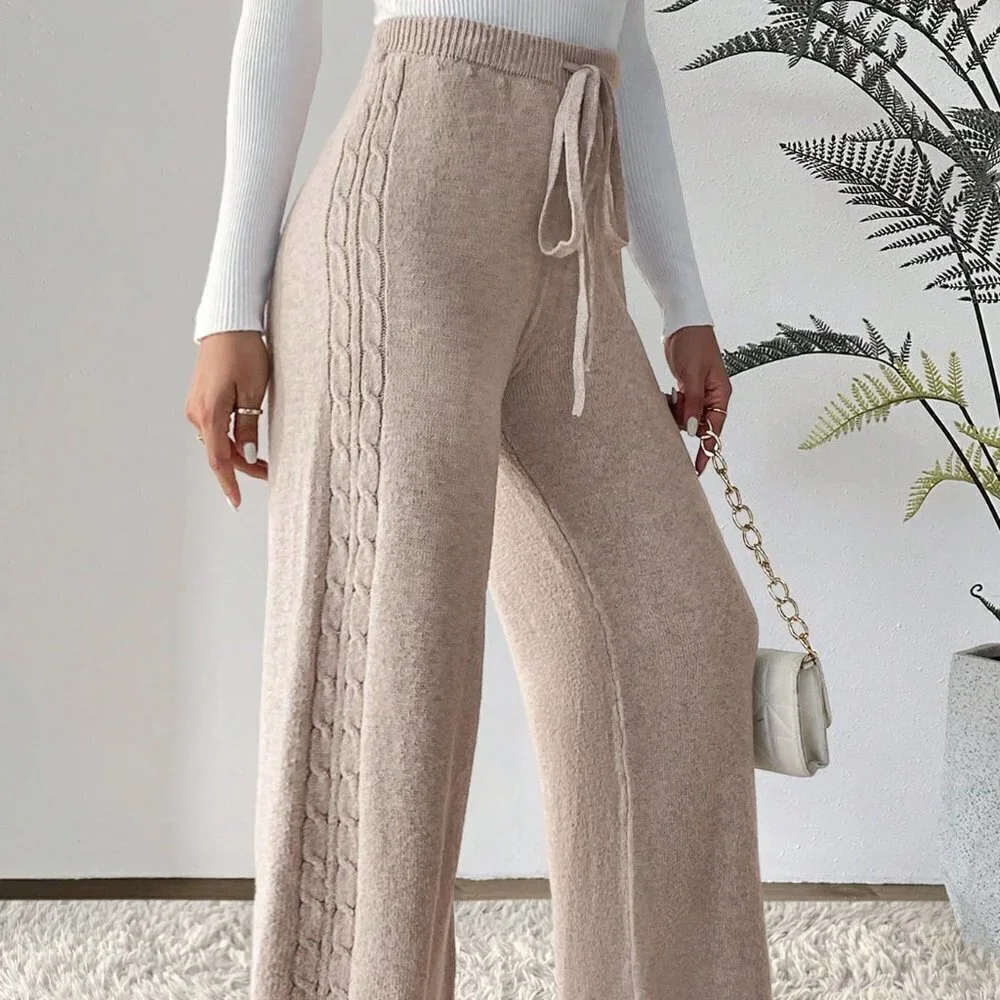 Khaki Casual Womens Drawstring Waist Wide Leg Knit Pants